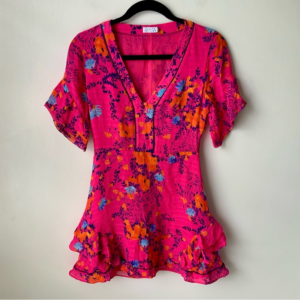 TANYA TAYLOR Kayla Dress Falling Floral Flower Ruffle Silk Event Hot Pink Size 0 - Picture 6 of 16